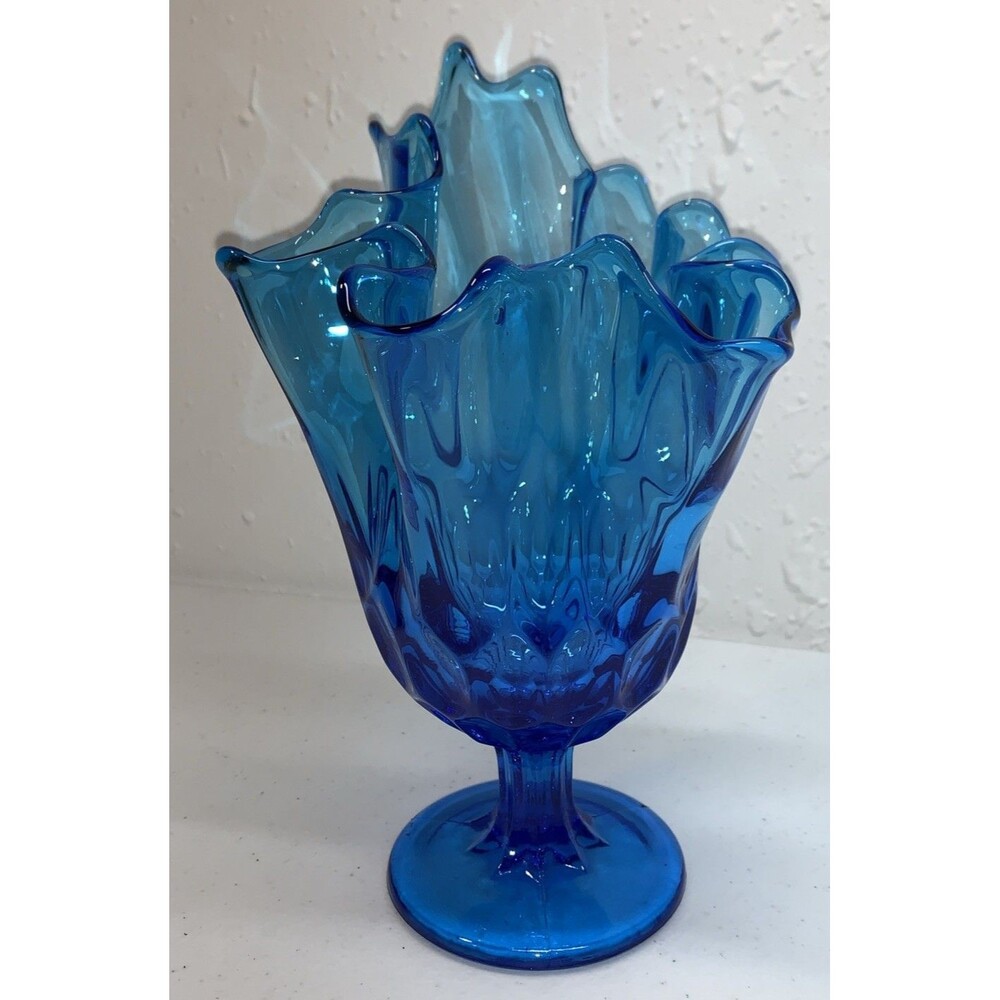 Vintage Fenton Swung Vase Colonial Optic Blue Art Glass Thumbprint Handkerchief